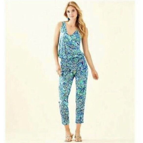 Lilly Pulitzer Paulina Jumpsuit, Size XXS, Bennet Blue Sneak a Peak Print - Picture 3 of 12